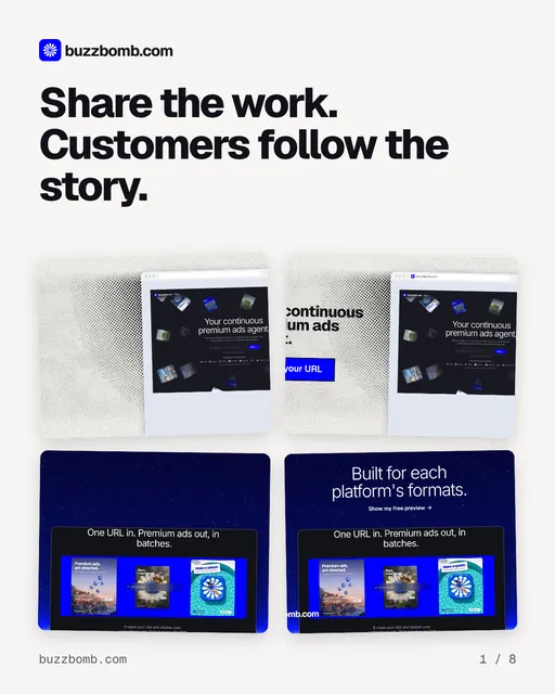 Carousel for BuzzBomb: "Share the work. Customers follow the story.". Collection carousel, 8 slides, light palette.