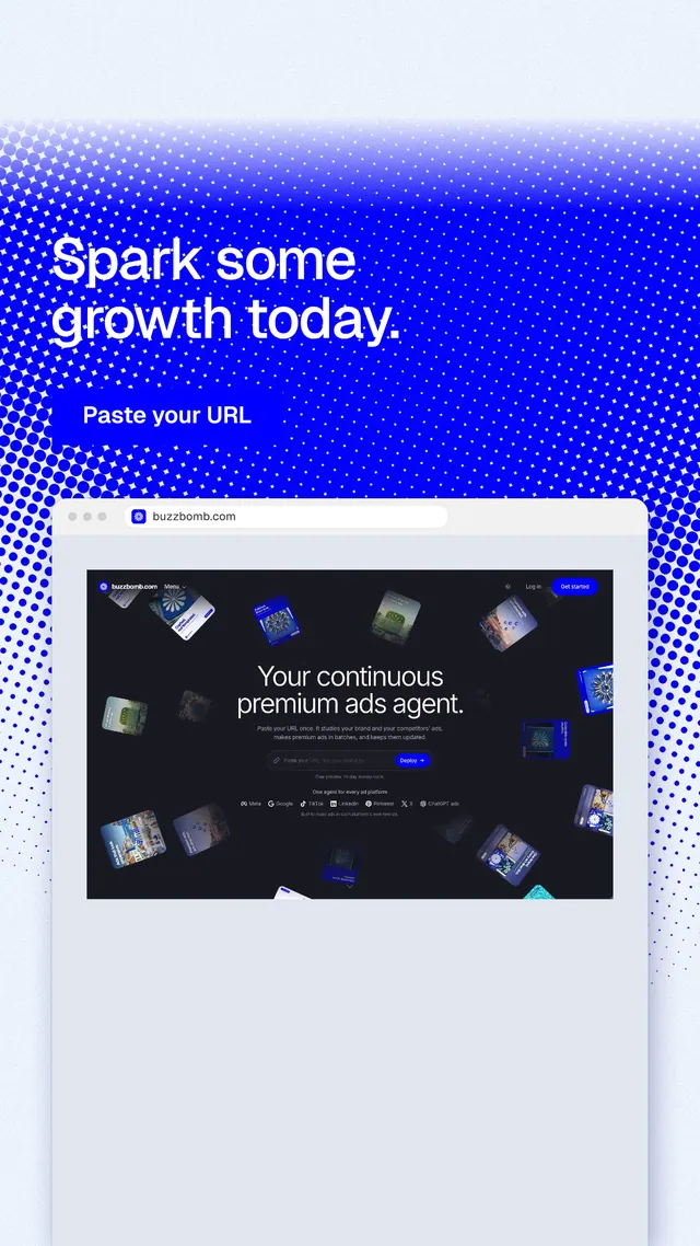 Instagram story for BuzzBomb: "Spark some growth today." Swiss style, browser layout, light palette in white, blue.