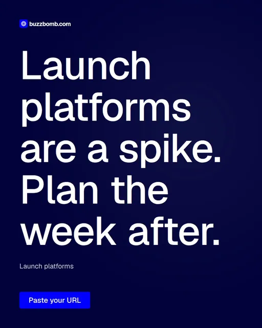 Video for BuzzBomb: "Launch platforms are a spike. Plan the week after.". Doc motion loop, 7.0 s, dark palette.
