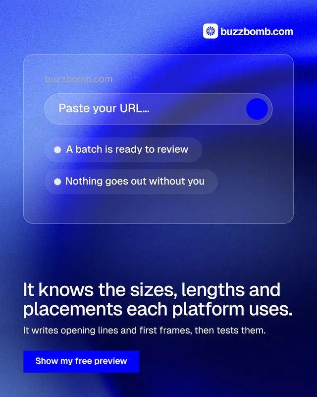 Instagram portrait post for BuzzBomb: "It knows the sizes, lengths and placements each platform uses." Swiss style, bottom layout, dark palette in blue.