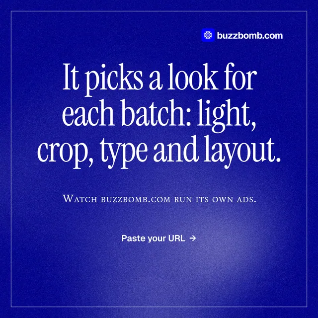 Instagram post for BuzzBomb: "It picks a look for each batch: light, crop, type and layout." Editorial style, smallcaps layout, dark palette in blue.