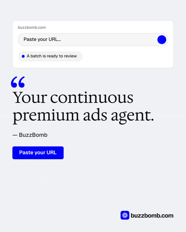 Instagram portrait post for BuzzBomb: "Your continuous premium ads agent." Data card style, quote layout, light palette in white, blue.