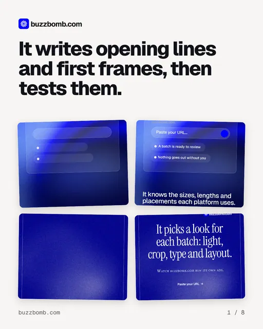 Carousel for BuzzBomb: "It writes opening lines and first frames, then tests them.". Collection carousel, 8 slides, light palette.