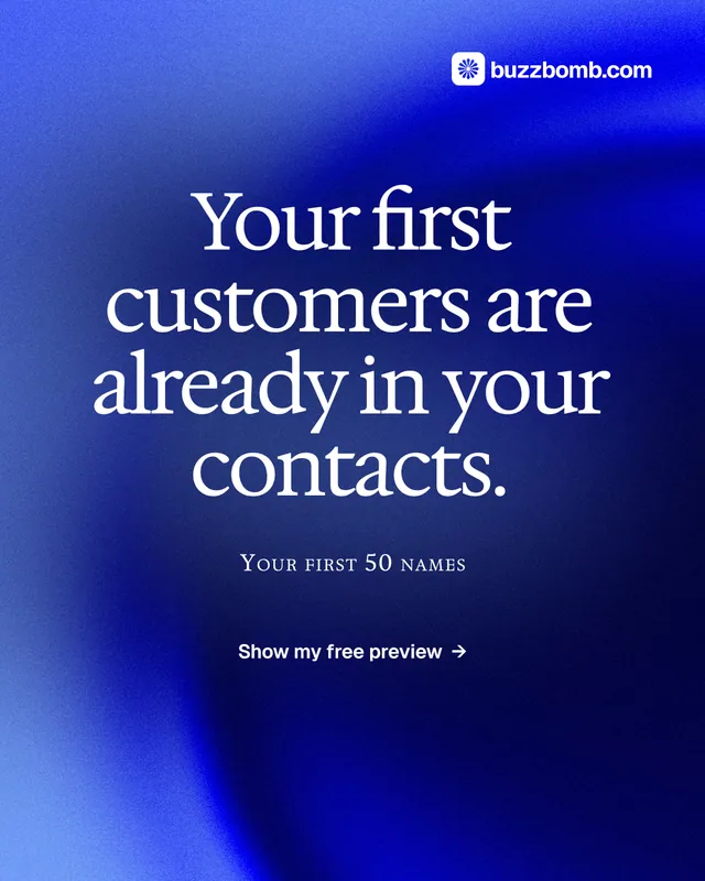 Instagram portrait post for BuzzBomb: "Your first customers are already in your contacts." Swiss style, smallcaps layout, dark palette in blue.