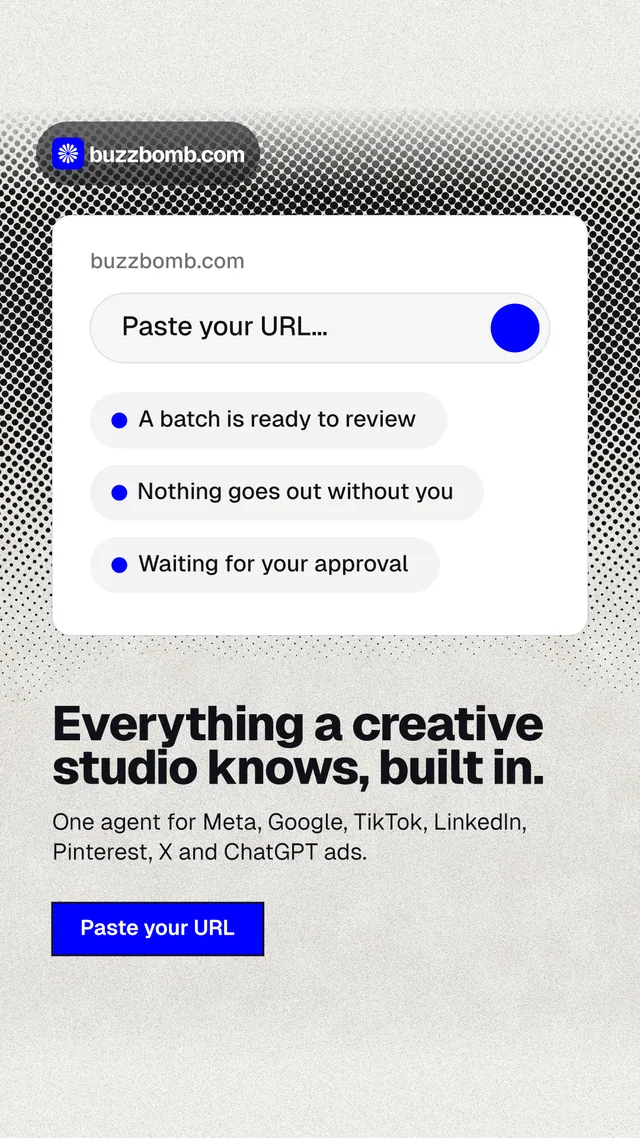 Instagram story for BuzzBomb: "Everything a creative studio knows, built in." Ink sticker style, bottom layout, light palette in white, grey.