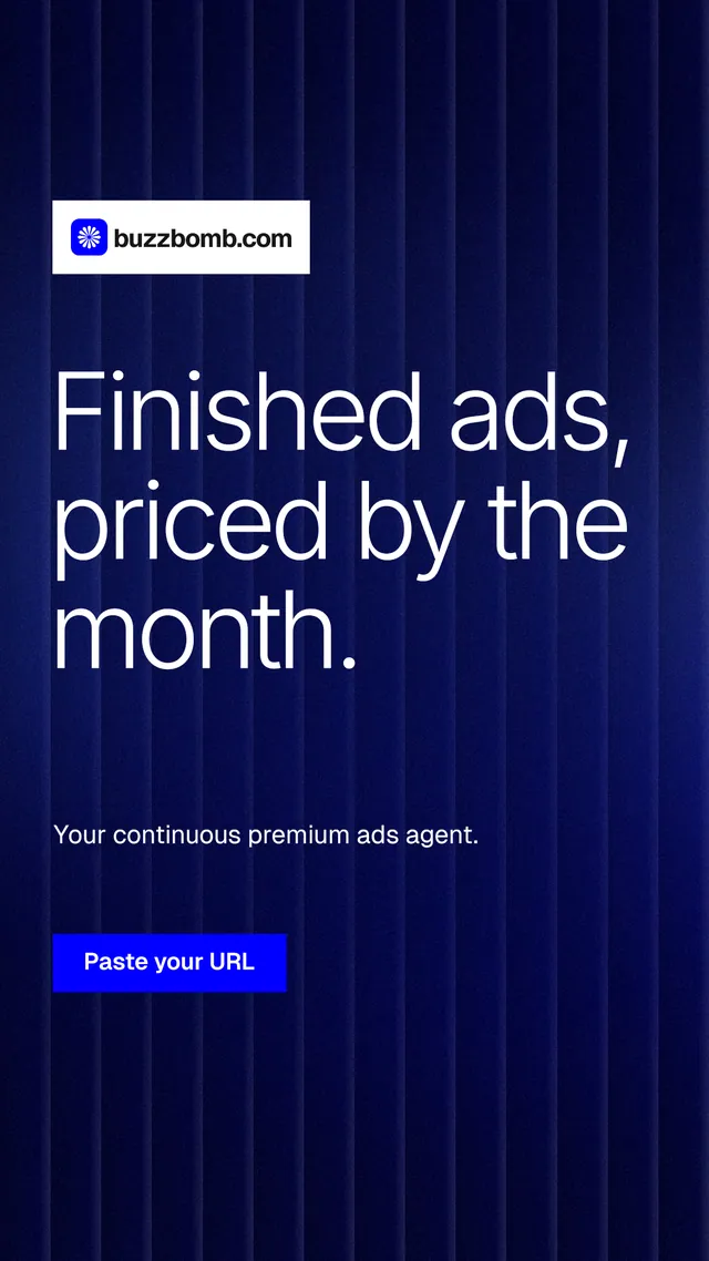 Instagram story for BuzzBomb: "Finished ads, priced by the month." Swiss style, announce layout, dark palette in black, blue.