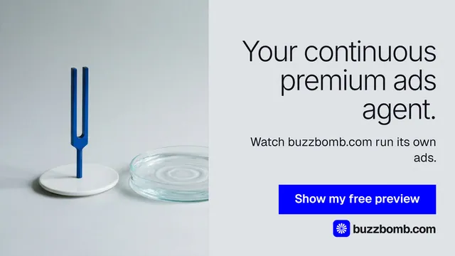 Landscape graphic for BuzzBomb: "Your continuous premium ads agent." Swiss style, right layout, light palette in white, grey, blue.