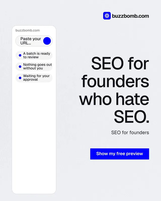 Instagram portrait post for BuzzBomb: "SEO for founders who hate SEO." Swiss style, right layout, light palette in white, blue.