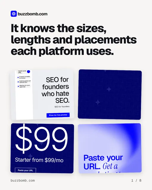 Carousel for BuzzBomb: "It knows the sizes, lengths and placements each platform uses.". Collection carousel, 8 slides, light palette.