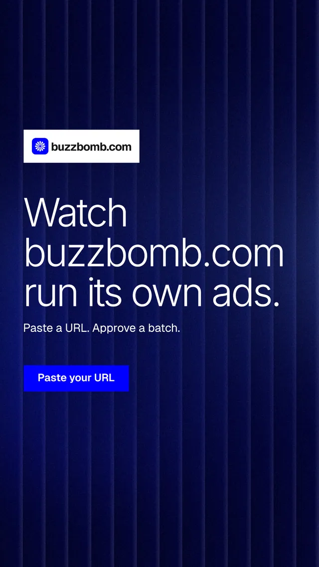 Instagram story for BuzzBomb: "Watch buzzbomb.com run its own ads." Swiss style, announce layout, dark palette in black, blue.