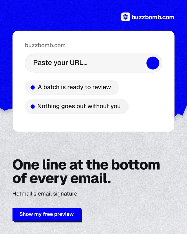 Instagram portrait post for BuzzBomb: "One line at the bottom of every email." Paper trio style, bottom layout, light palette in white, blue.