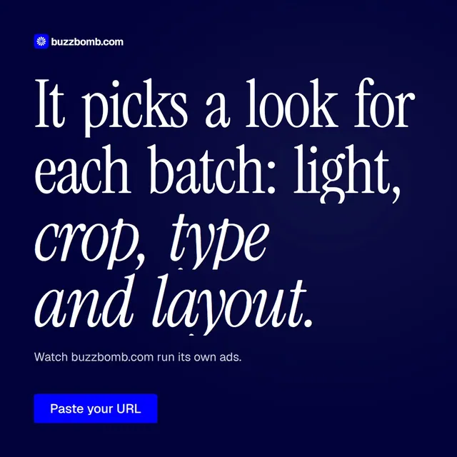 Video for BuzzBomb: "It picks a look for each batch: light, crop, type and layout.". Doc motion loop, 7.0 s, dark palette.