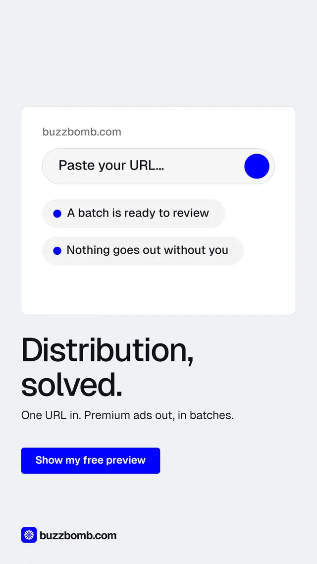 Instagram story for BuzzBomb: "Distribution, solved." Data card style, bottom layout, light palette in white, blue.