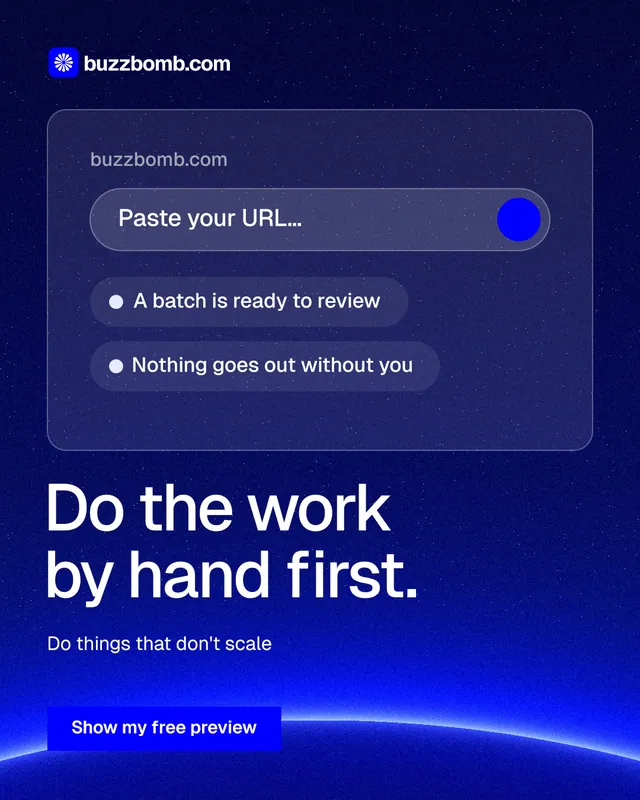 Instagram portrait post for BuzzBomb: "Do the work by hand first." Swiss style, bottom layout, dark palette in blue.