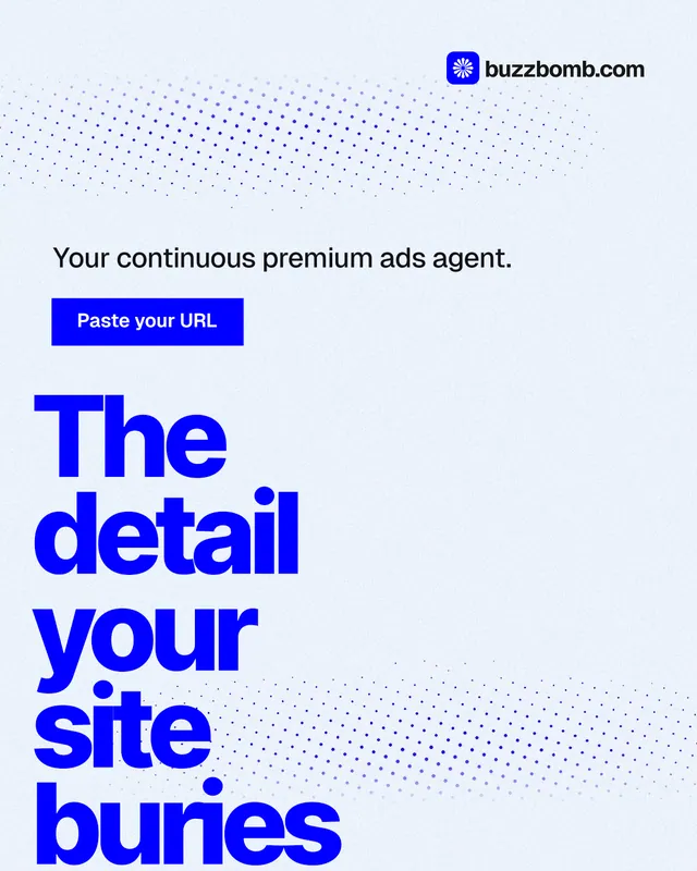 Instagram portrait post for BuzzBomb: "The detail your site buries." Swiss style, oversized layout, light palette in white, blue.