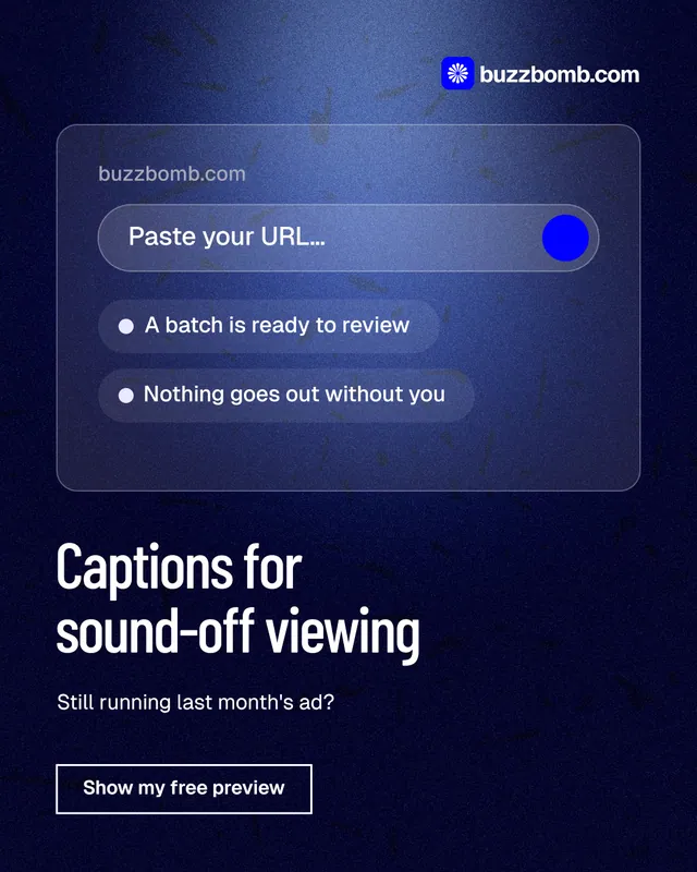 Instagram portrait post for BuzzBomb: "Captions for sound-off viewing". Dark deco style, bottom layout, dark palette in blue, black.