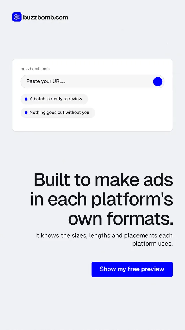 Instagram story for BuzzBomb: "Built to make ads in each platform's own formats." Data card style, right layout, light palette in white, blue.