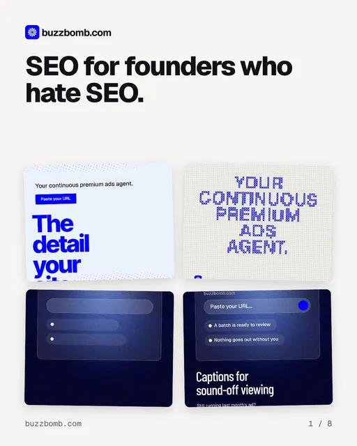 Carousel for BuzzBomb: "SEO for founders who hate SEO.". Collection carousel, 8 slides, light palette.
