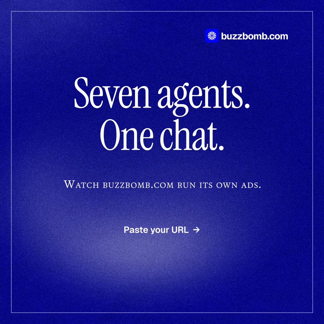 Instagram post for BuzzBomb: "Seven agents. One chat." Editorial style, smallcaps layout, dark palette in blue.