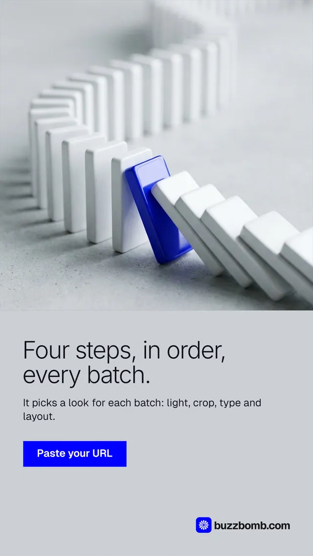 Instagram story for BuzzBomb: "Four steps, in order, every batch." Swiss style, bottom layout, light palette in white, grey.