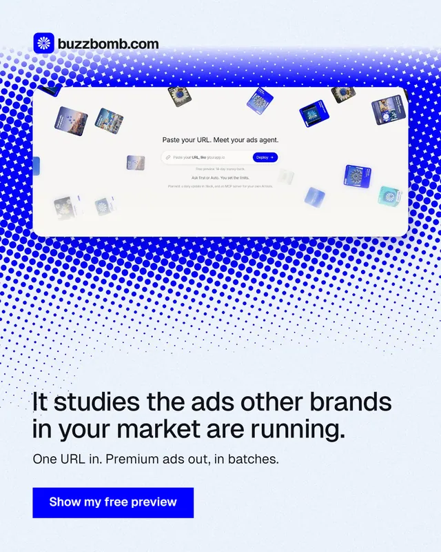 Instagram portrait post for BuzzBomb: "It studies the ads other brands in your market are running." Swiss style, bottom layout, light palette in white, blue.