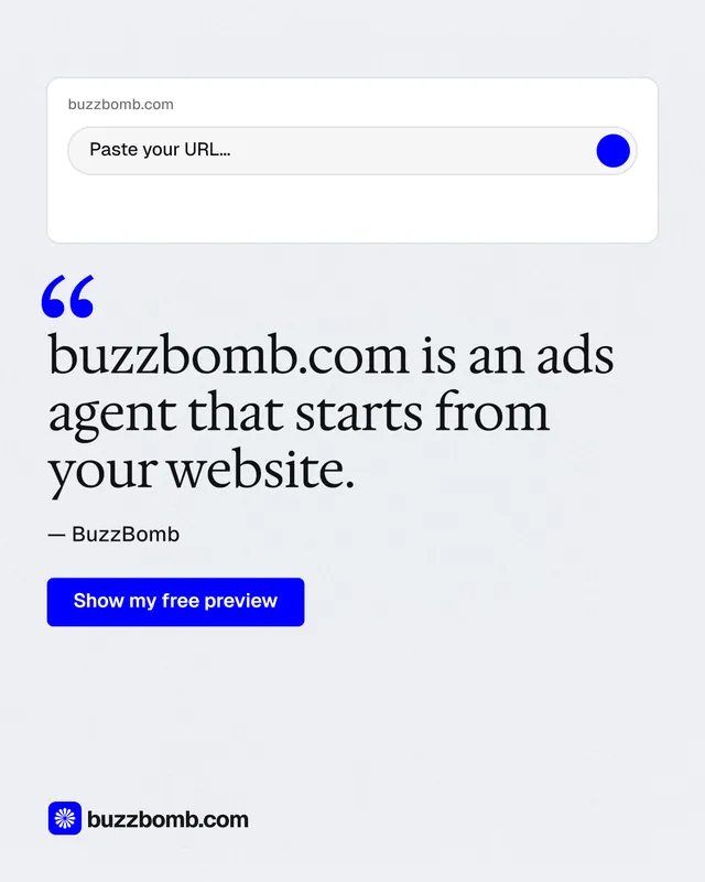 Instagram portrait post for BuzzBomb: "buzzbomb.com is an ads agent that starts from your website." Data card style, quote layout, light palette in white, blue.
