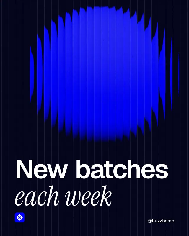 Instagram portrait post for BuzzBomb: "New batches each week". Auto 4x5 style, technique:shader field layout, dark palette in black, blue.
