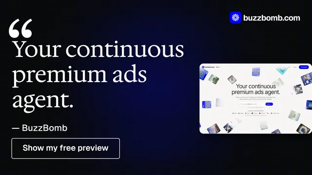 Landscape graphic for BuzzBomb: "Your continuous premium ads agent." Phosphor atlas style, quote layout, dark palette in black, white, grey.