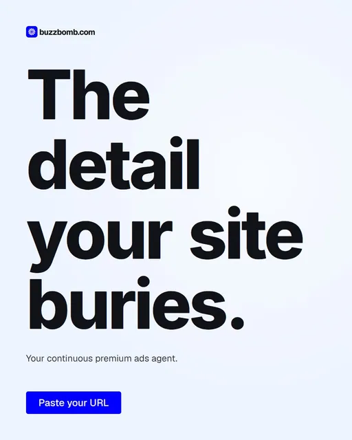 Video for BuzzBomb: "The detail your site buries.". Doc motion loop, 6.0 s, light palette.