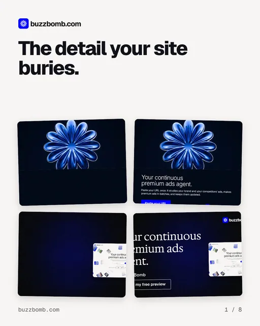 Carousel for BuzzBomb: "The detail your site buries.". Collection carousel, 8 slides, light palette.