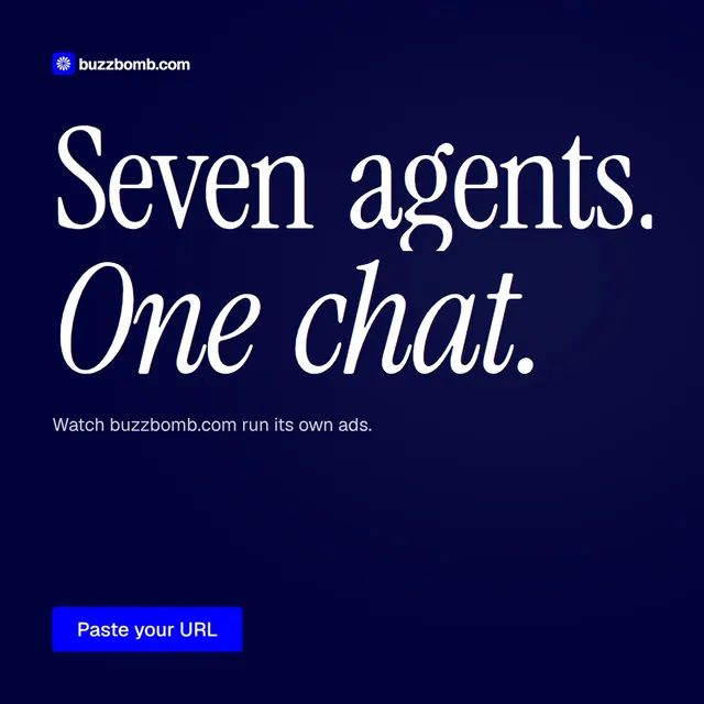 Video for BuzzBomb: "Seven agents. One chat.". Doc motion loop, 7.0 s, dark palette.