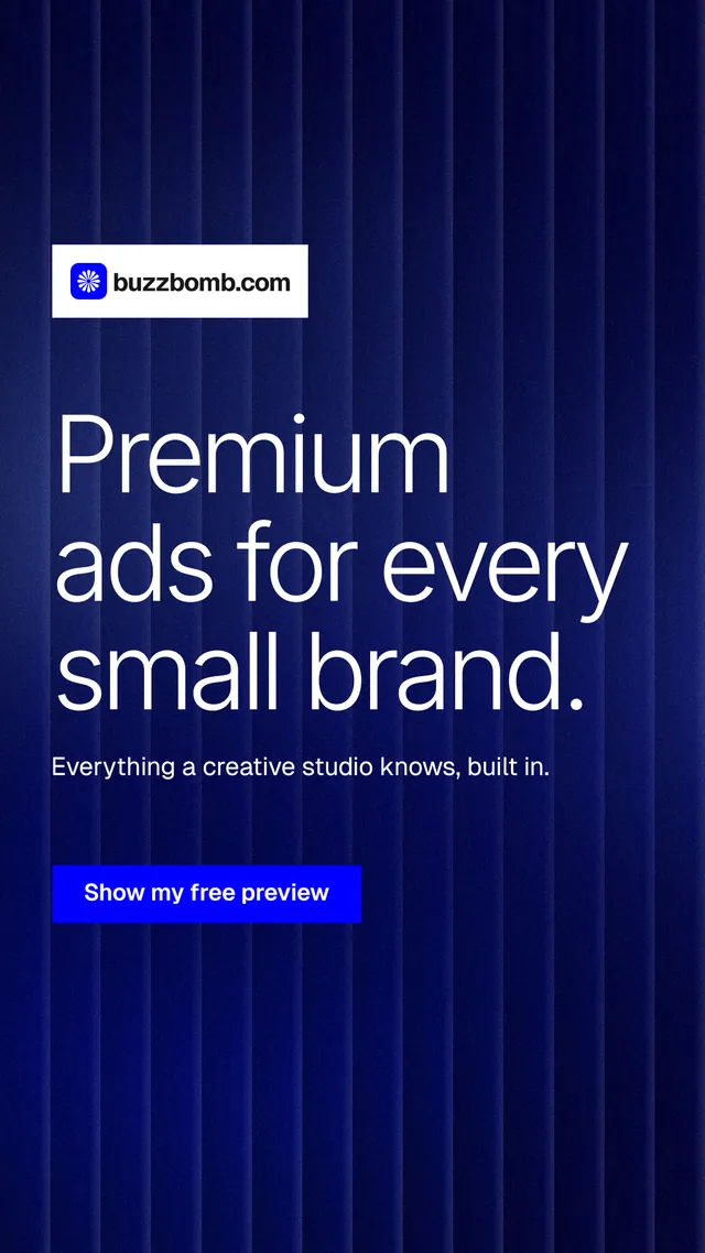 Instagram story for BuzzBomb: "Premium ads for every small brand." Swiss style, announce layout, dark palette in blue.