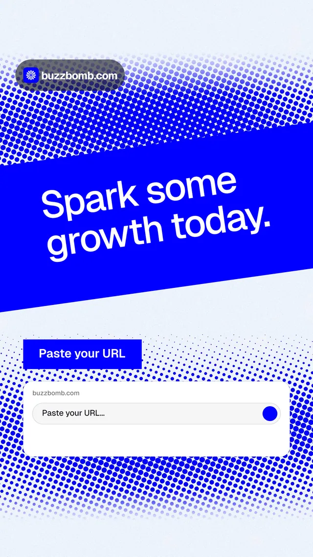 Instagram story for BuzzBomb: "Spark some growth today." Swiss style, diagonal layout, light palette in white, blue.