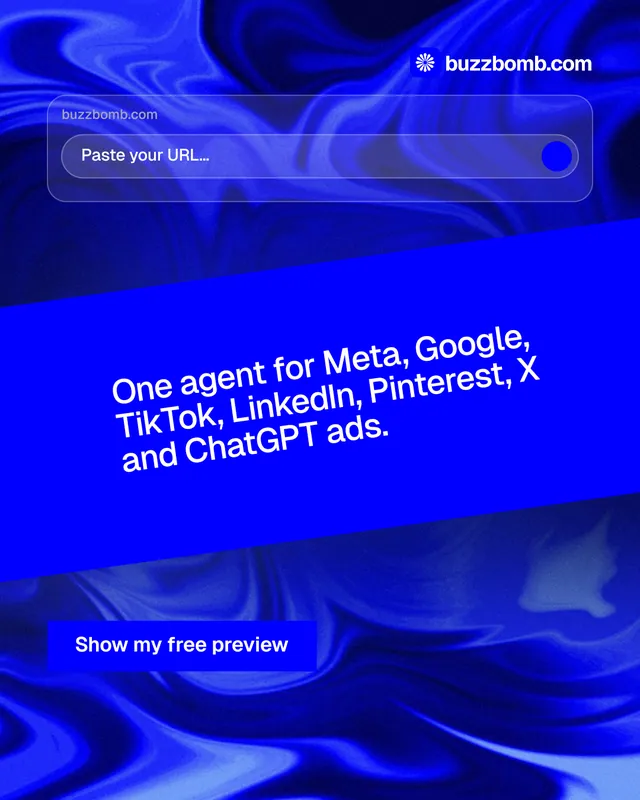 Instagram portrait post for BuzzBomb: "One agent for Meta, Google, TikTok, LinkedIn, Pinterest, X and ChatGPT ads." Swiss style, diagonal layout, dark palette in blue.