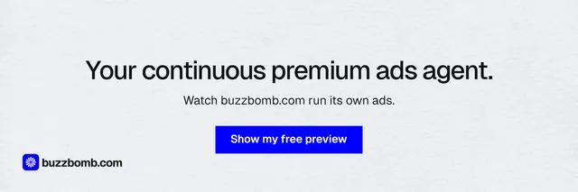 X header for BuzzBomb: "Your continuous premium ads agent." Swiss style, centred layout, light palette in white, blue.