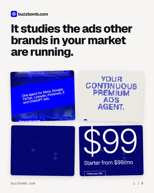 Carousel for BuzzBomb: "It studies the ads other brands in your market are running.". Collection carousel, 8 slides, light palette.