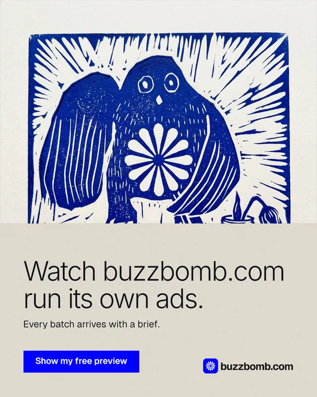Instagram portrait post for BuzzBomb: "Watch buzzbomb.com run its own ads." Swiss style, bottom layout, light palette in yellow, blue, grey.