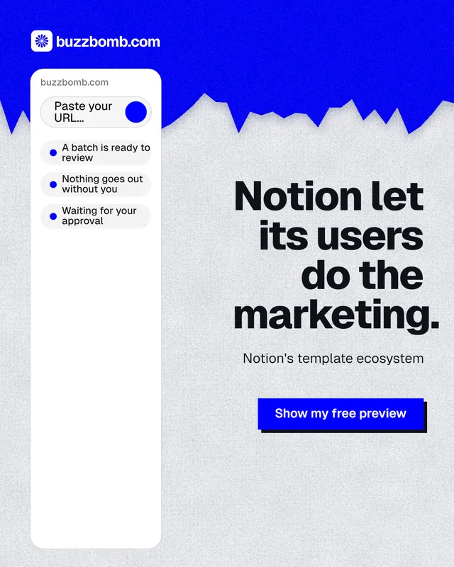 Instagram portrait post for BuzzBomb: "Notion let its users do the marketing." Paper trio style, right layout, light palette in white, blue, grey.