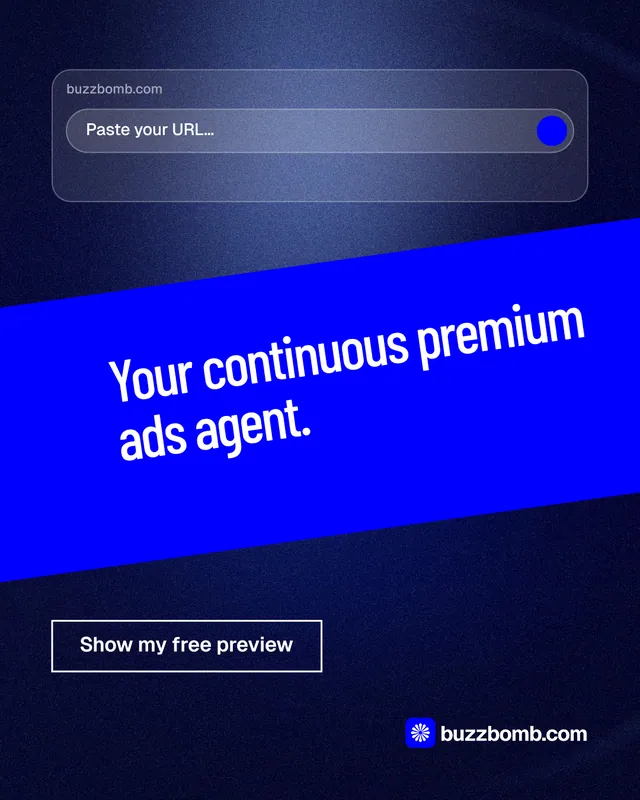 Instagram portrait post for BuzzBomb: "Your continuous premium ads agent." Dark deco style, diagonal layout, dark palette in blue.