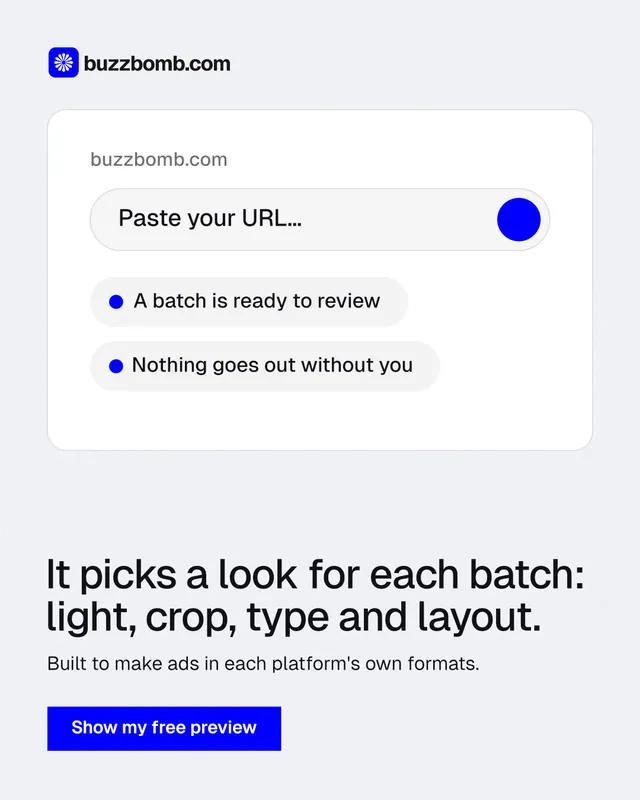 Instagram portrait post for BuzzBomb: "It picks a look for each batch: light, crop, type and layout." Swiss style, bottom layout, light palette in white, blue.