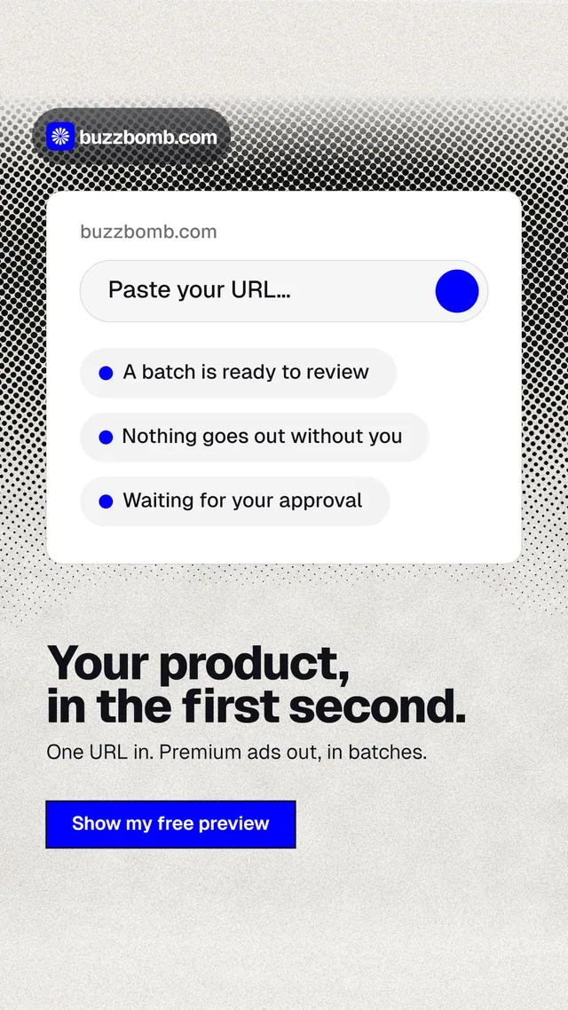 Instagram story for BuzzBomb: "Your product, in the first second." Ink sticker style, bottom layout, light palette in white, grey.