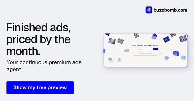 Social ad for BuzzBomb: "Finished ads, priced by the month." Data card style, bottom layout, light palette in white, blue.