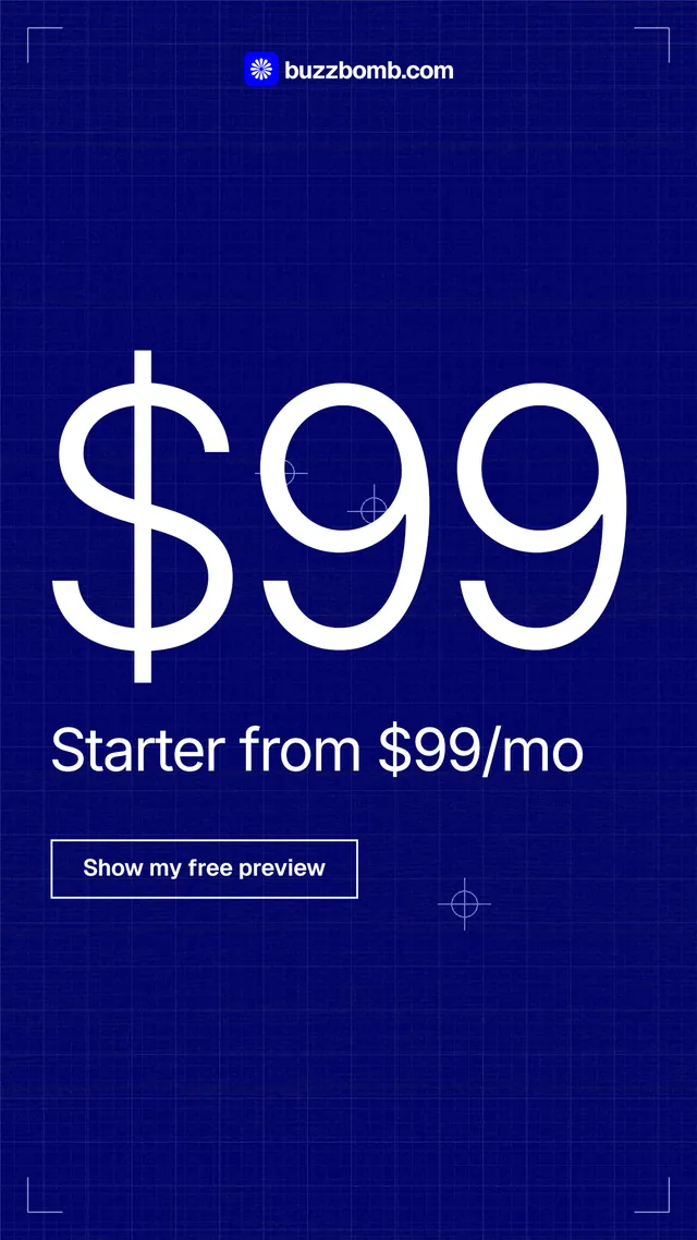 Instagram story for BuzzBomb: "Your continuous premium ads agent." Blueprint style, stat layout, dark palette in blue.