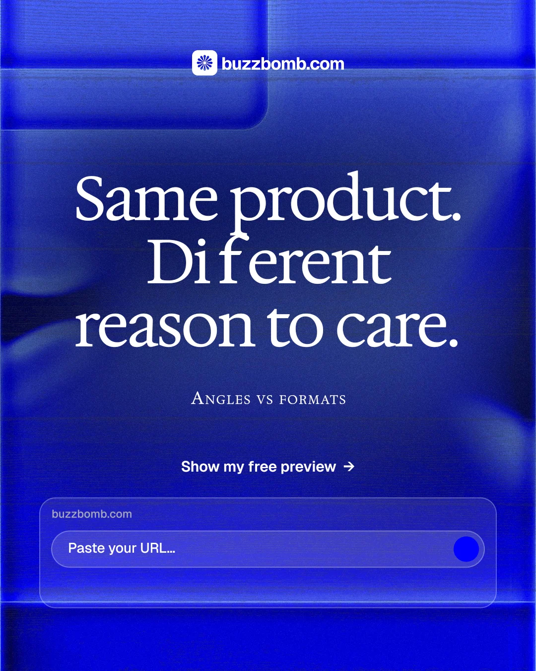 Instagram portrait post for BuzzBomb: "Same product. Different reason to care." Swiss style, smallcaps layout, dark palette in blue.