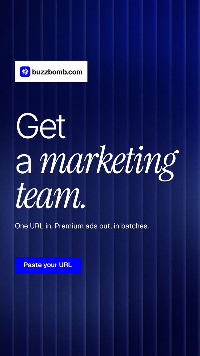 Instagram story for BuzzBomb: "Get a marketing team." Swiss style, announce layout, dark palette in blue, grey.