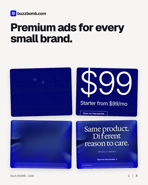 Carousel for BuzzBomb: "Premium ads for every small brand.". Collection carousel, 8 slides, light palette.