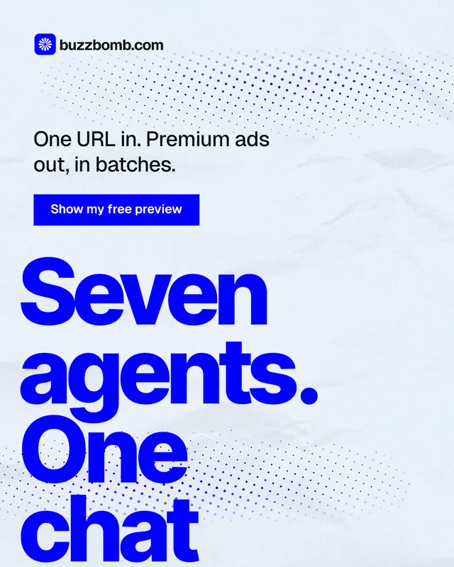 Instagram portrait post for BuzzBomb: "Seven agents. One chat." Swiss style, oversized layout, light palette in white, blue.