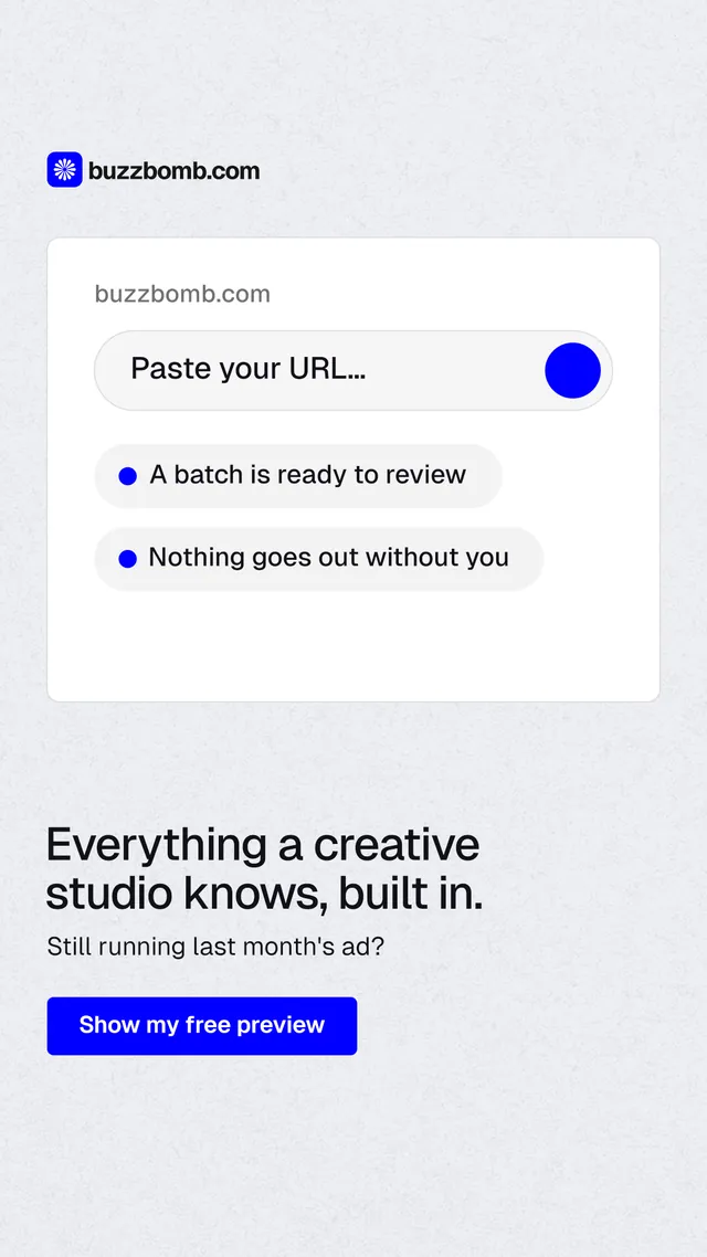Instagram story for BuzzBomb: "Everything a creative studio knows, built in." Data card style, bottom layout, light palette in white, blue.