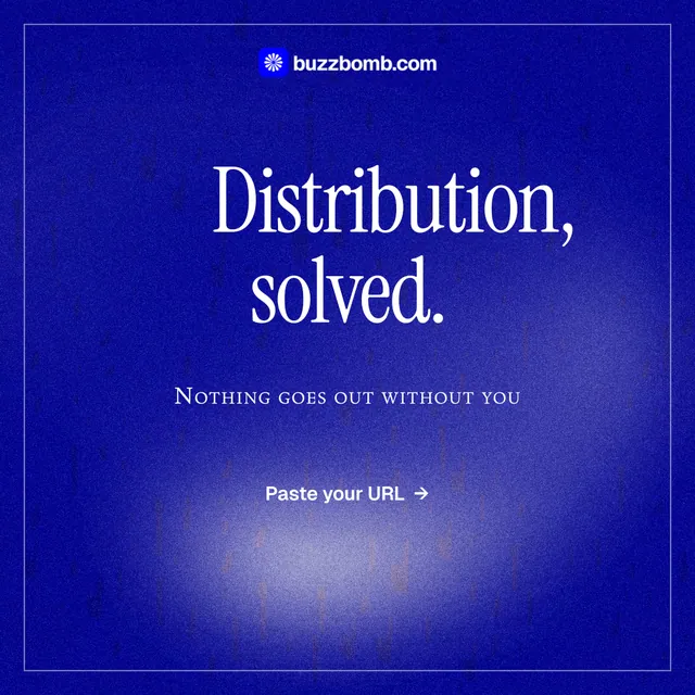 Instagram post for BuzzBomb: "Distribution, solved." Editorial style, smallcaps layout, dark palette in blue.