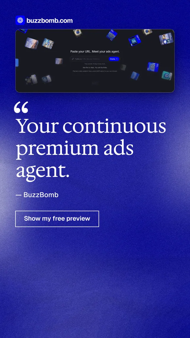 Instagram story for BuzzBomb: "Your continuous premium ads agent." Cyanotype style, quote layout, dark palette in blue.